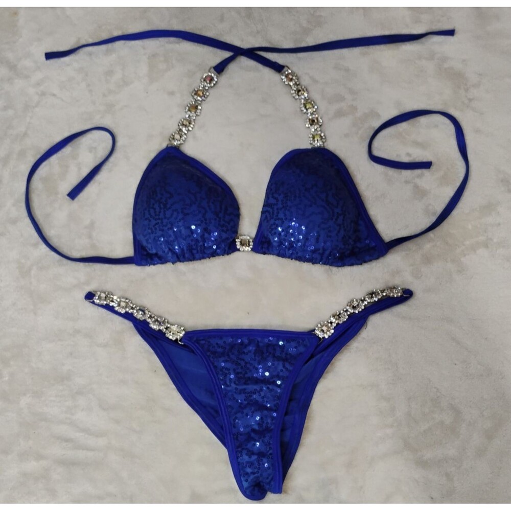 Angel Competition NPC/IFBB Bikini Suit Blue Sequin Competition Scrunch Sparkly